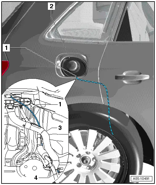 Audi Q5. Fuel Filler Door Cup Drain Hose, Removing and Installing