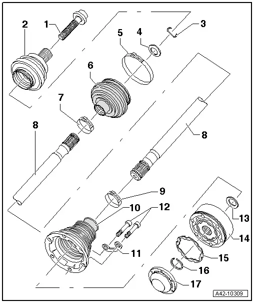 Audi Q5. Overview - Drive Axle with 89 mm Outer CV Joint and 100 mm Inner CV Joint